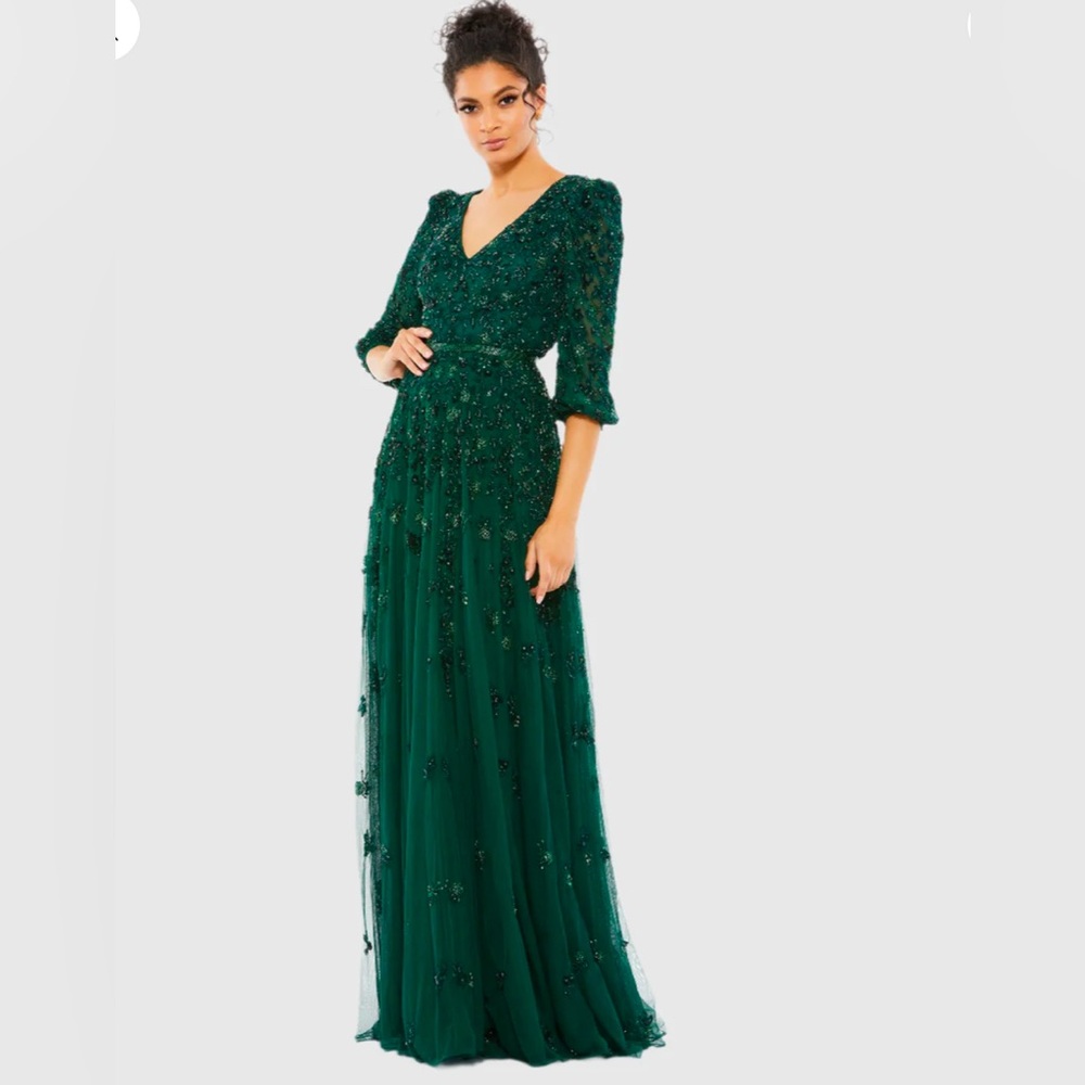 Mac Duggal Beaded Embellished Gown with 3/4 Sleeve V Neck
